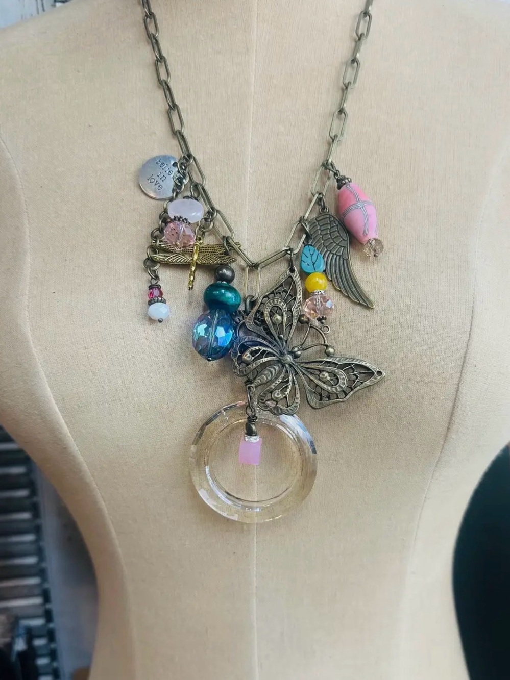 Gypsy Junk Butterfly Chunky Charm Necklace
